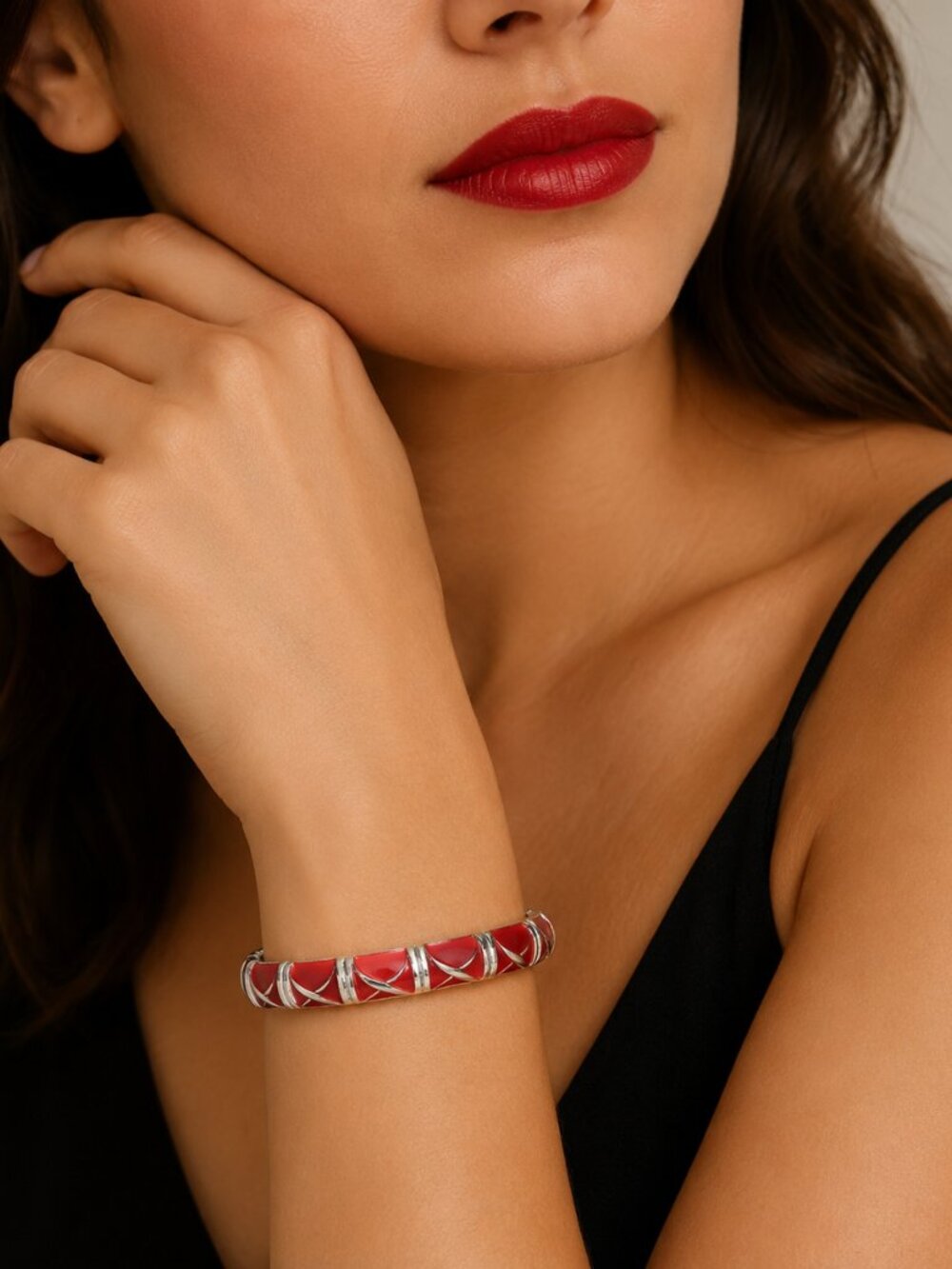 Red and Silver‎ Enamel Hinged Bangle Bracelet - 8.25”